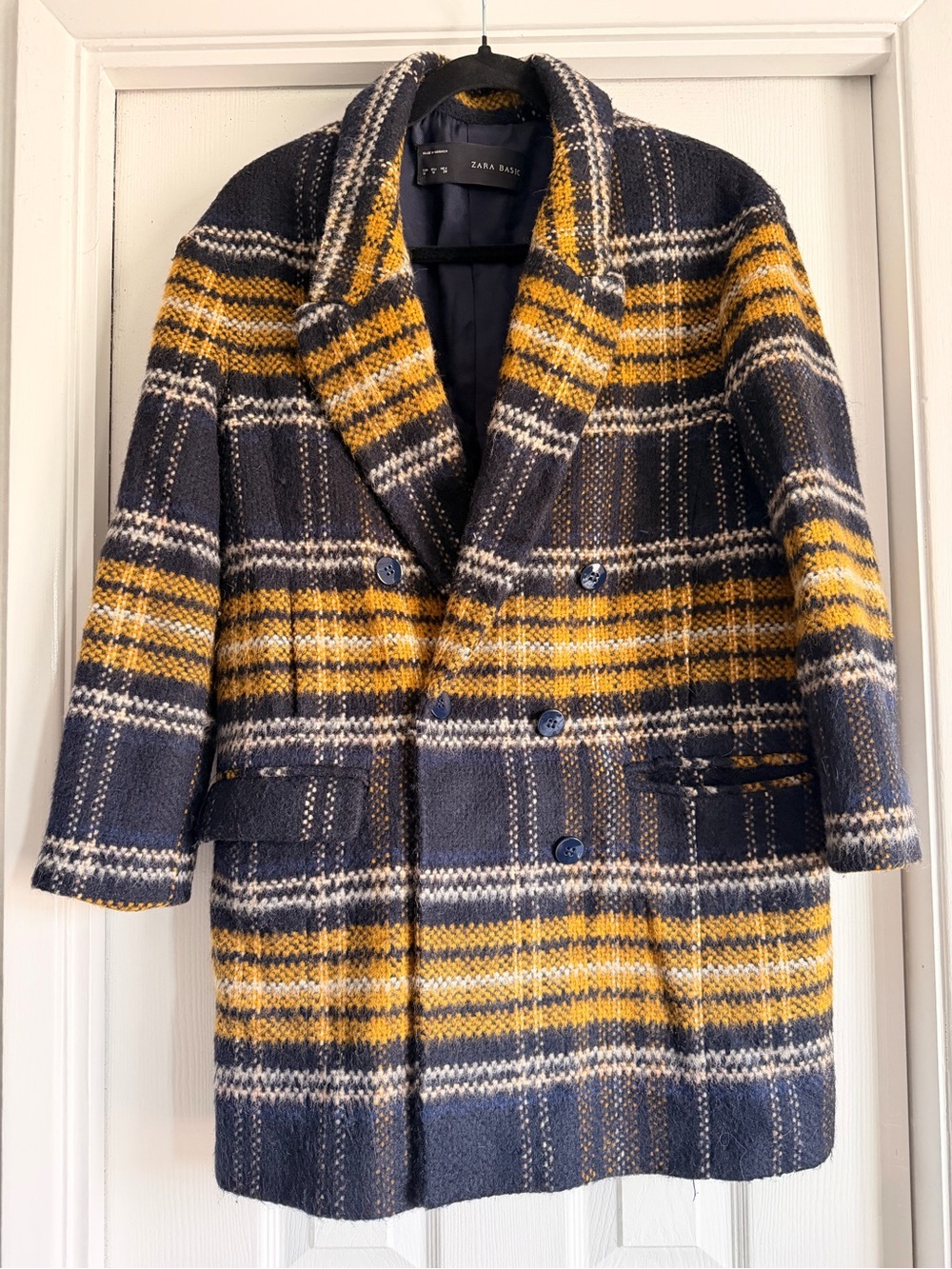 ZARA BASIC Plaid Wool Blend Double Breasted Peacoat Jacket Navy Yellow M